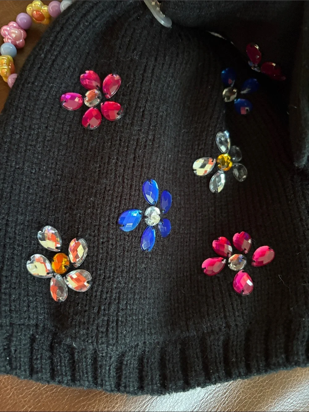 Love & Fashion Kids Black Beanie Hat and Glove Set with Colorful Gem Flowers